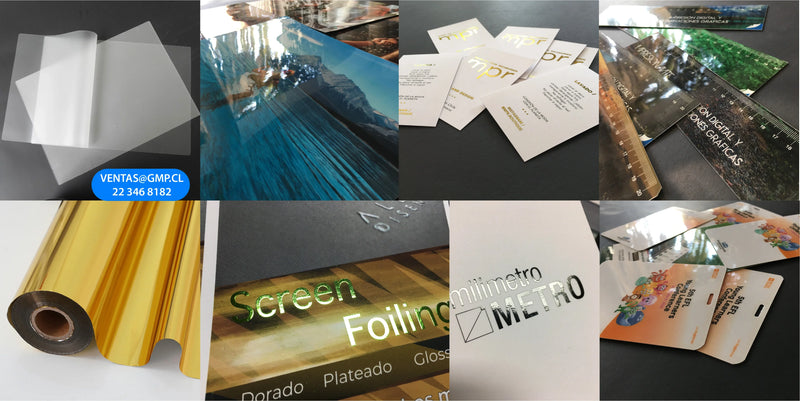Láminas y tarjetas plastificadas, foil dorado y muestras de termolaminado y encapsulado.